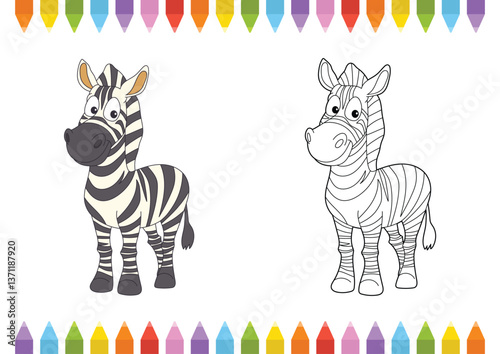 Cartoon zebra illustration with black and white stripes, perfect for coloring, educational resources, or children's storybooks.