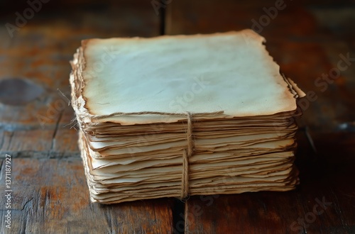 Stack of Vintage Blank Papers Tied With Twine Resting on a Wooden Surface