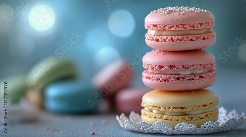 Colorful Macarons Stacked on Lace With Blurred Background Showcasing a Sweet ...
