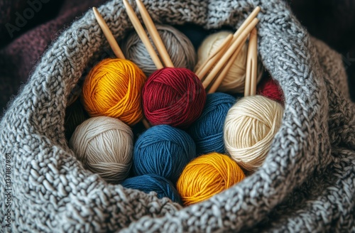 Colorful Yarn Balls and Knitting Needles in a Cozy Knitted Blanket