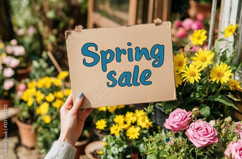Hand Holding Spring Sale Sign Amidst Vibrant Flowers in a Bright Indoor Garde...