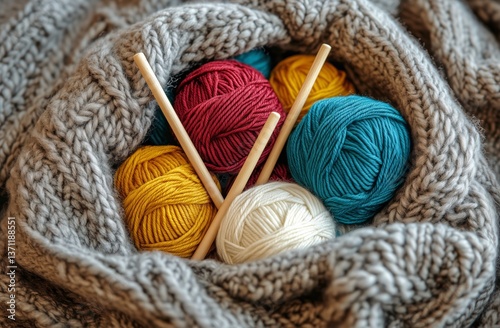 Colorful Yarn Balls and Knitting Needles in a Cozy Knitted Blanket
