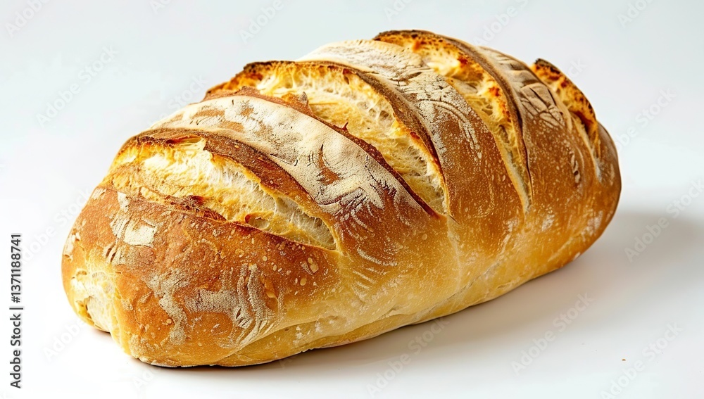 A large loaf of bread with a white crust and a golden-brown interior, set against a pure white A large loaf of bread with a white crust and a golden-brown interior, set against a pure white
