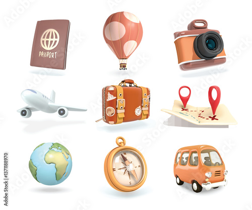 Travel Tourism 3d icon set with suitcase, compass, minivan. Holiday Vacation isolated vector 3d illustration set.