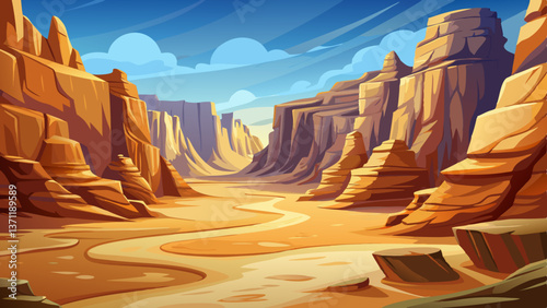 Rocky Canyon floor with soft fine sand in desert landscape, Highly detailed vector illustration