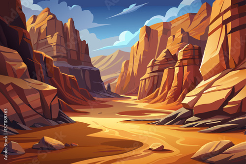 Rocky Canyon floor with soft fine sand in desert landscape, Highly detailed vector illustration
