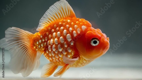 A gold and white fish with black eyes is swimming in an aquarium. Smooth repeating motion for background video animation.