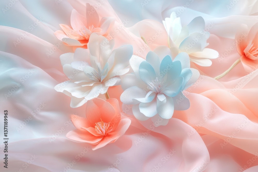 Exquisite hand crafted paper flowers on soft fabric in delicate watercolor hues and accents