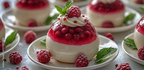 Delicious Raspberry Jelly Dessert Garnished With Fresh Mint on a White Plate