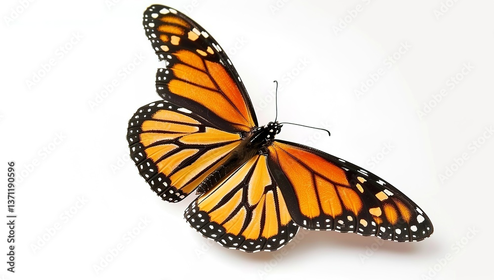 Naklejka premium Monarch butterfly flying, isolated on a white background, studio shot.