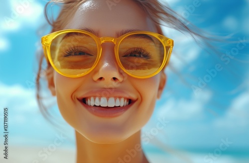 Sunshine and Joy at the Beach With Smiling Woman Wearing Yellow Sunglasses