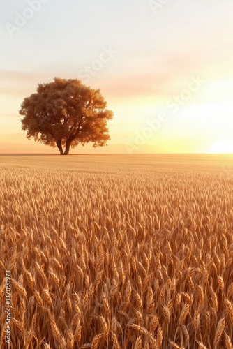 Lonely Ancient Oak Tree in Golden Wheat Field at Sunset with Long Shadows Over Rolling Hills