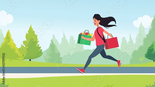 Person running with shopping bags in a park
