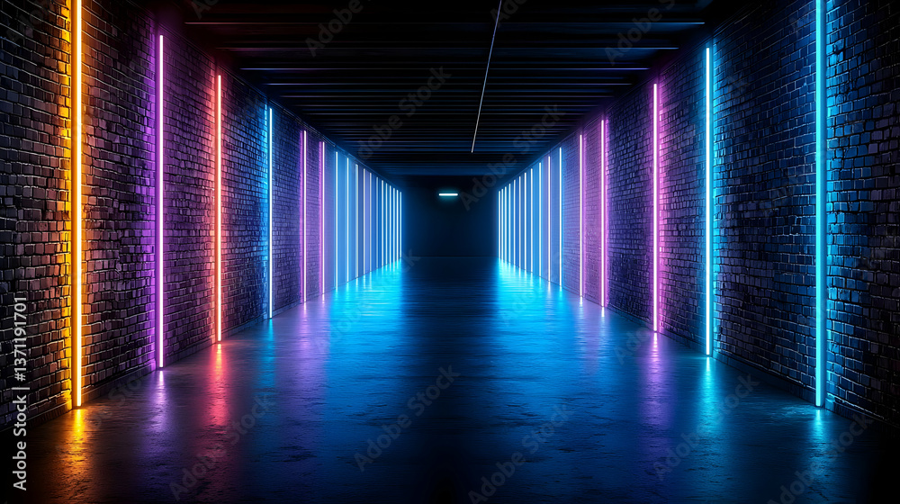 Neon Glowing Tunnel With Colorful Lights Neon Glowing Tunnel With Colorful Lights
