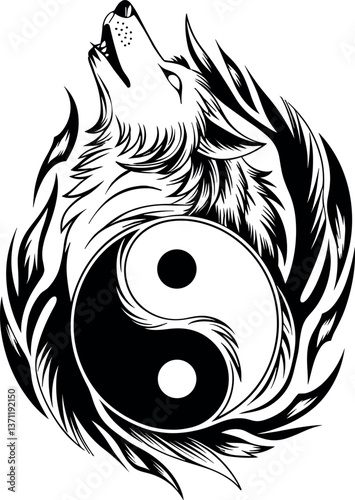 Vector of Yin-Yang Wolf, Celtic style sacred animal of Vikings vector illustration, isolated on white background.