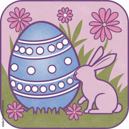 Easter bunny admiring decorated egg amongst flowers  