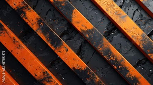 Abstract orange and black diagonal stripes on textured concrete background photo