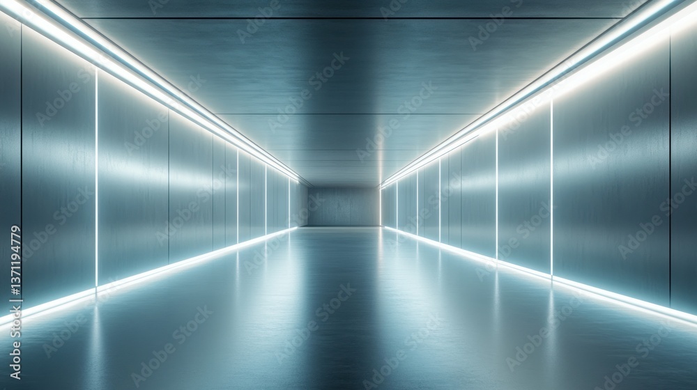 Obraz premium Futuristic Blue Neon Corridor: A Digital Rendering of a Sleek, Modern, and Bright Tunnel