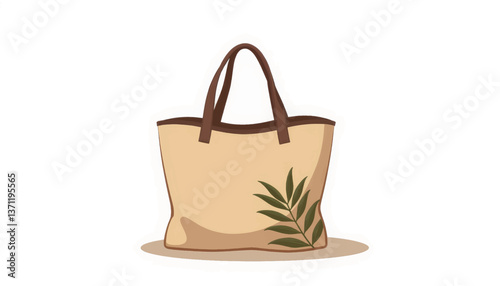 Eco-friendly jute tote bag with leaf pattern on plain background, sustainability