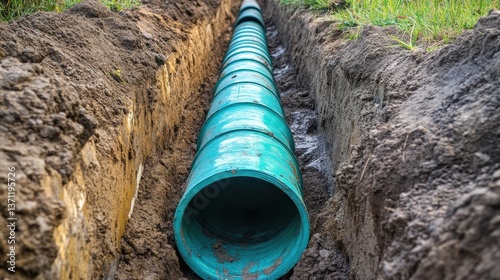 Wallpaper Mural A blue corrugated pipe is laid in a narrow trench. It illustrates underground infrastructure for water or sewage. Torontodigital.ca