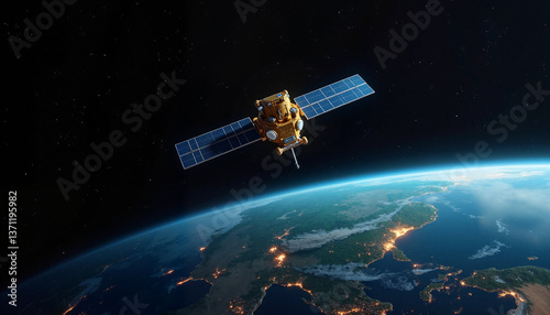 Satellite orbiting Earth in space, Hovering satellite     
