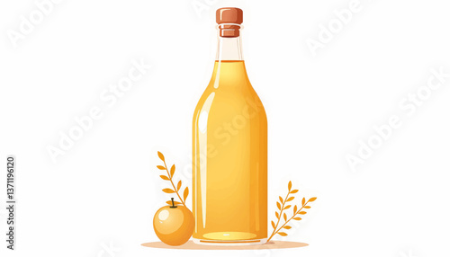 Elegant apple cider vinegar bottle with herbs, minimalist design