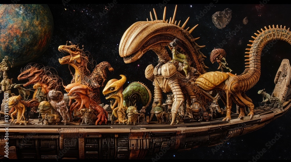 Fototapeta premium an intergalactic ark carrying alien species, showcasing various exotic creatures and complex spaceship structures