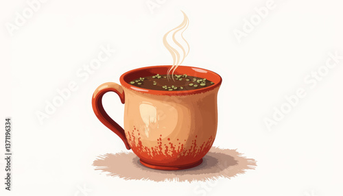 Handmade mug with herbal tea on white background, simplicity in comfort
