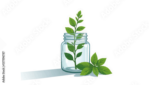 Fresh mint sprigs in elegant glass jar, vibrant green freshness
