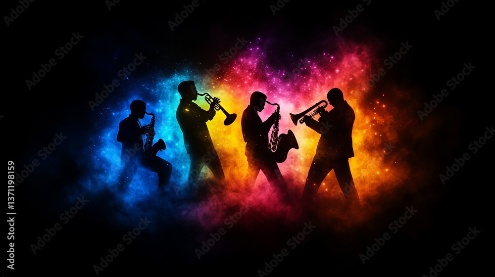 Fototapeta premium Musicians playing wind instruments are silhouetted against a vibrant colorful smoky backdrop, creating a striking stage presence.