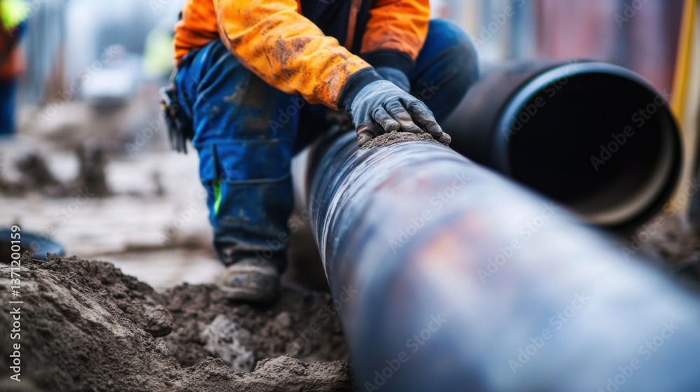 A construction worker adjusting a large pipe on a building site. Featuring precision and engineering A construction worker adjusting a large pipe on a building site. Featuring precision and engineering