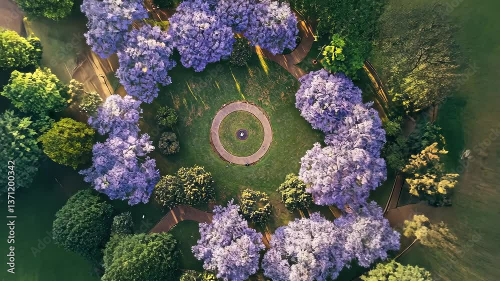 Aerial view of a lark park surrounded by jacaranda trees