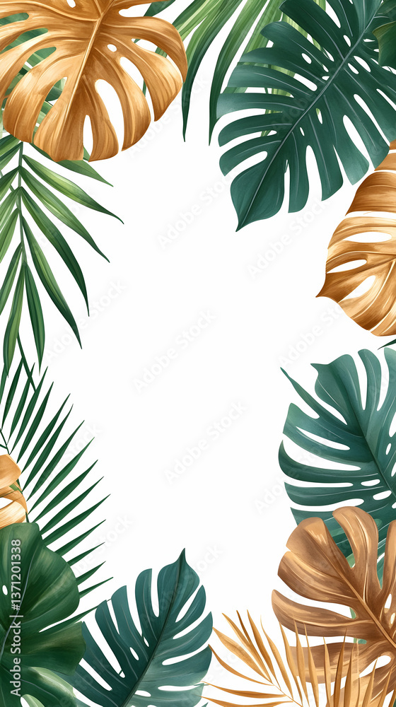 Naklejka premium Tropical leaf border with gold accents on white