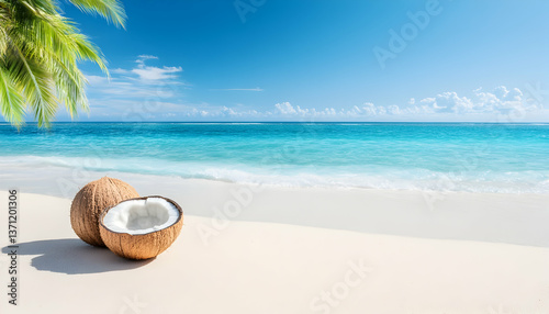 Wallpaper Mural Tropical beach scene with whole and halved coconut on white sand, turquoise ocean and blue sky Torontodigital.ca