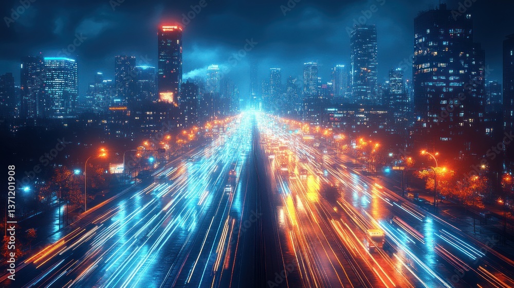 Fototapeta premium Night City Expressway, urban rush hour, illuminated buildings, light trails