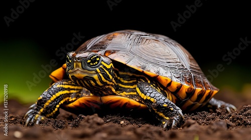 Painted turtle sits upon dirt in a close-up view with its distinctive yellow and black markings visible.
