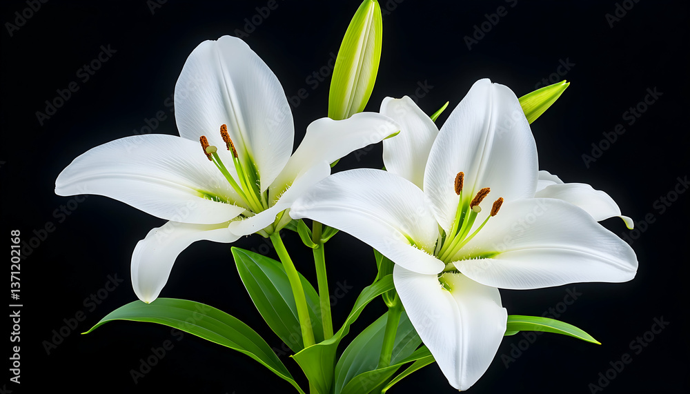 Fototapeta premium Two pristine white lilies with buds against a black backdrop