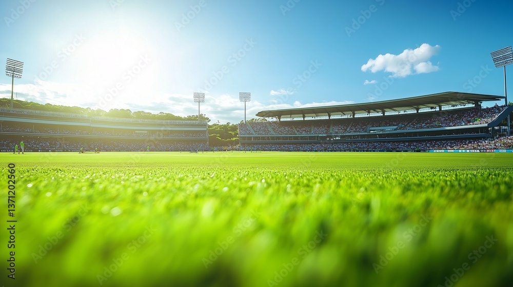 Fototapeta premium An image of a cricket stadium. Cricket stadium with cricket players. View of the day. A picture of a cricket ground lifestyle.