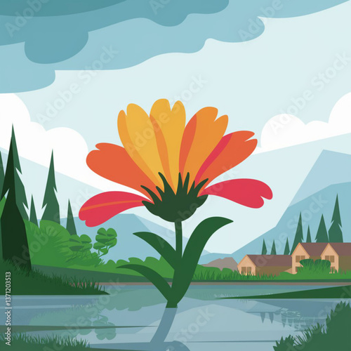 Colorful flower blooming by a tranquil lake surrounded by hills  