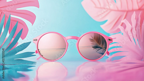 Pink Sunglasses with Tropical Pastel Leaves and Beach Reflection