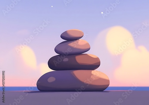 Balanced stones with sunset beach scene.