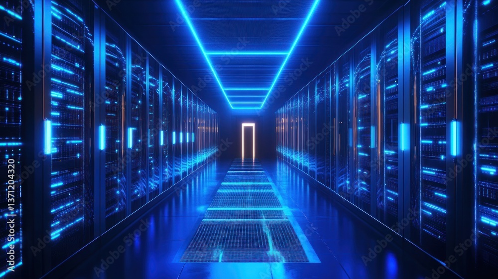 Futuristic Data Center Interior with Neon Lights and Server Racks Panorama Futuristic Data Center Interior with Neon Lights and Server Racks Panorama