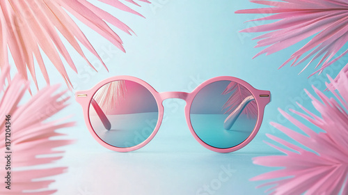 Pink Sunglasses with Tropical Pastel Leaves and Beach Reflection