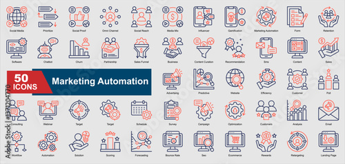 Marketing Automation line color icons featuring automation, CRM, email marketing, customer retention, analytics, chatbot, and more. Perfect for illustration and design.
