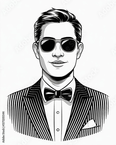  black and white illustration of a man with a confident expression. He has short, neatly styled hair and is wearing dark sunglasses. His facial features are sharp, with a prominent jawline and a sligh