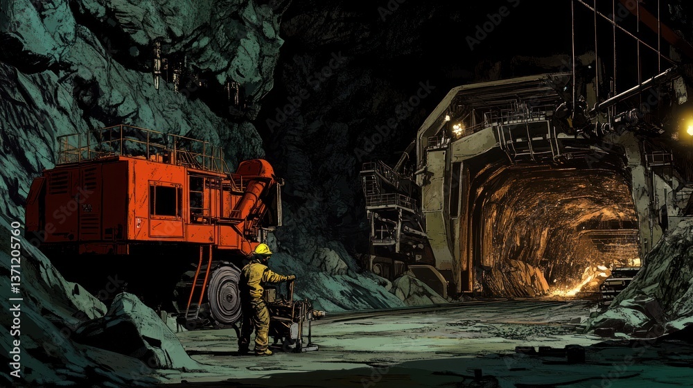 Illustration of a miner working with heavy machinery in an underground tunnel Illustration of a miner working with heavy machinery in an underground tunnel