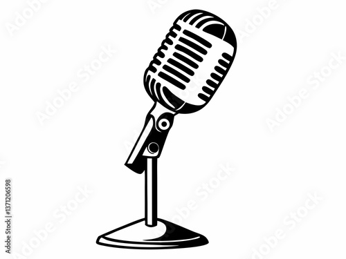 Old-fashioned broadcast microphone silhouette vector with flat grill and stand for radio speech concept

