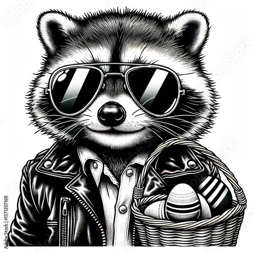Cool raccoon in sunglasses with Easter egg basket, perfect for edgy holiday prints, t-shirt designs, cards, and seasonal crafts.