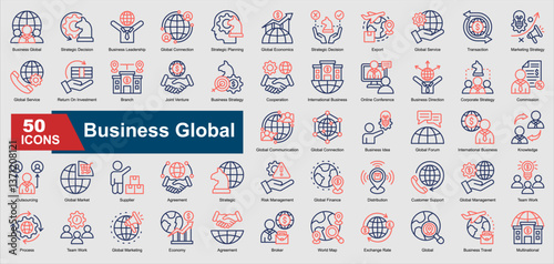 A collection set of colored outline Business Global icons. Includes global connection, outsourcing, strategic decision, export, investment, and more. Perfect for illustration and design.
