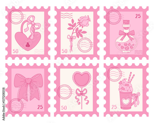 Romantic Pink Postage Stamps set. Vintage Coquette Ribbon Bow, Heart Lock, Flower Rose, Magic Elixir Potion and Sweet Dessert. Girly Vibe. Isolated Trendy Aesthetic accessories for Design love theme